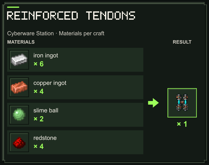 Reinforced Tendons materials at the Cyberware Station (Java Edition)